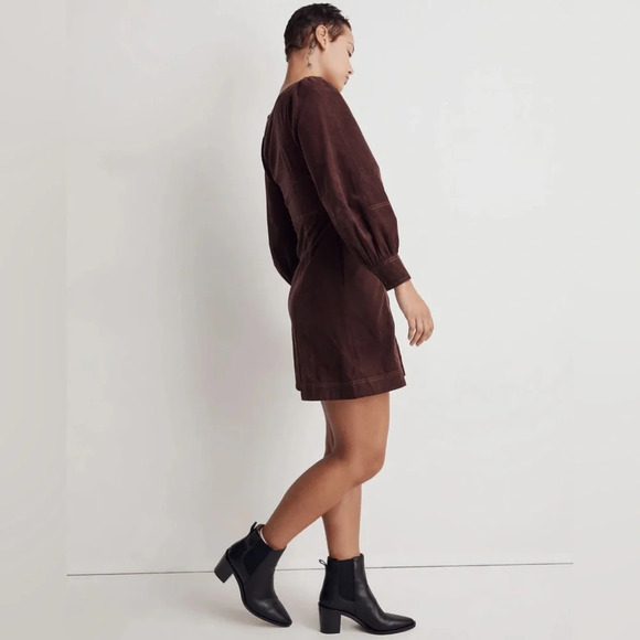 Madewell Corduroy Seamed Long-Sleeve Mini Dress in Chocolate Raisin color SZ 0 P - Picture 3 of 13